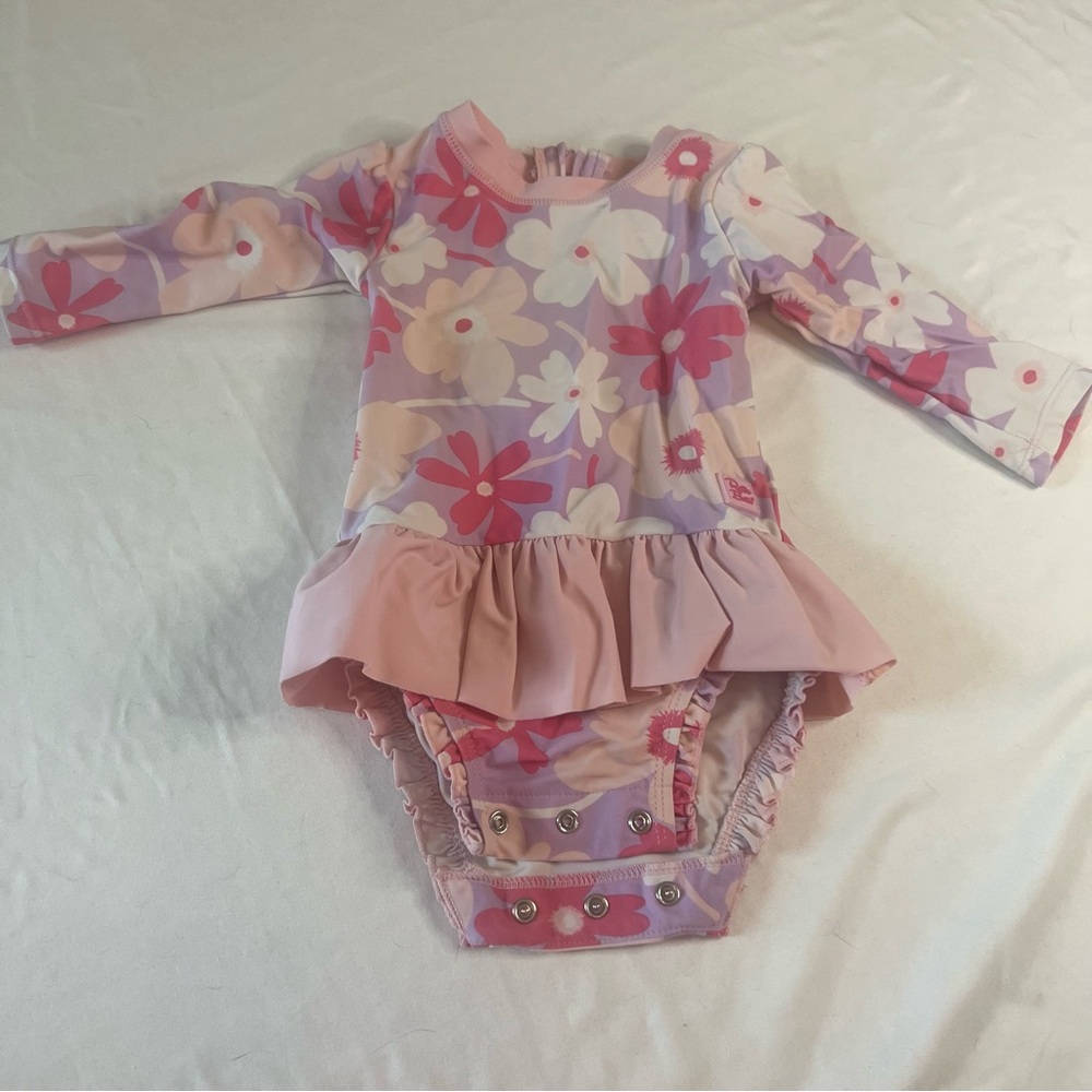 RuffleButts Retro Floral Long Sleeve Rash Guard Swimsuit 6-12M